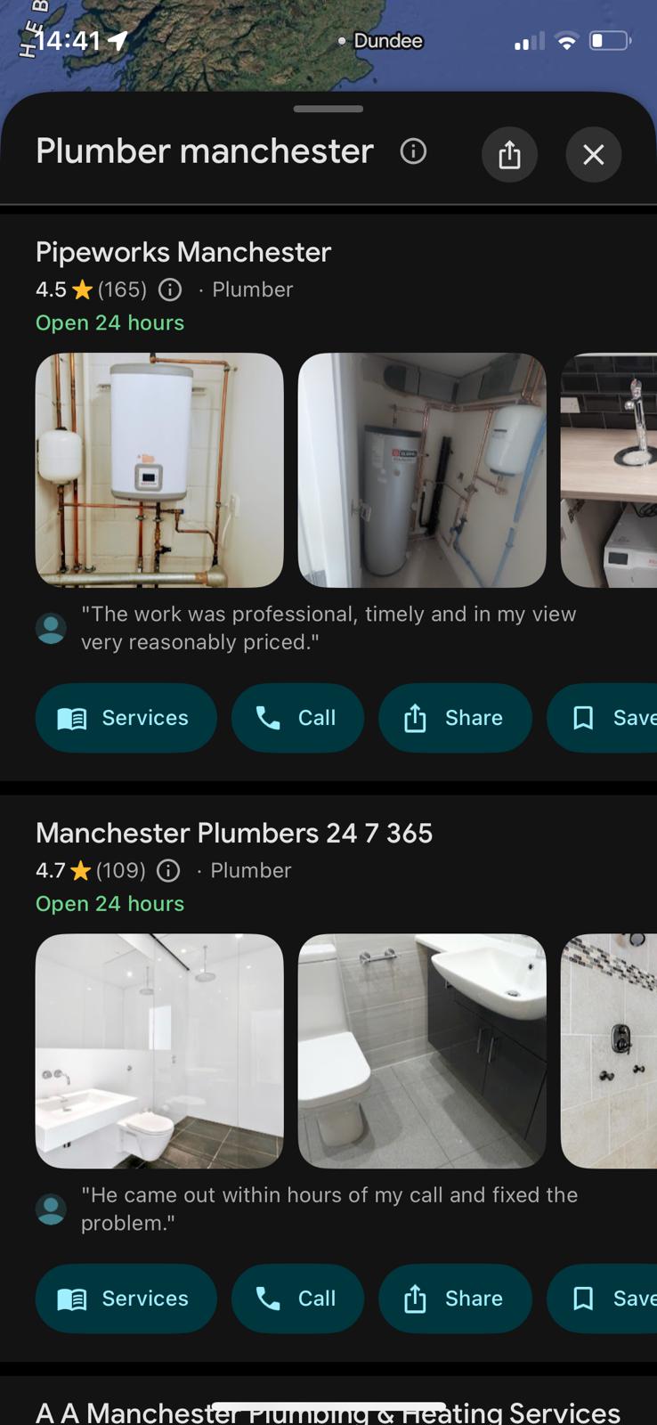 Google Maps local search results for a Manchester plumber, showing business listings with photos and reviews